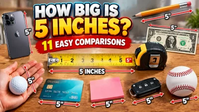 How big is 5 inches comparison image with everyday objects, ruler, phone, pencil, and size examples.