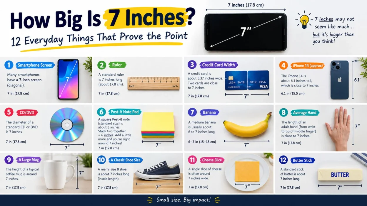 7 inches explained with 12 everyday objects, including a ruler, banana, mug, hand, shoe, and butter stick.