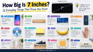 7 inches explained with 12 everyday objects, including a ruler, banana, mug, hand, shoe, and butter stick.