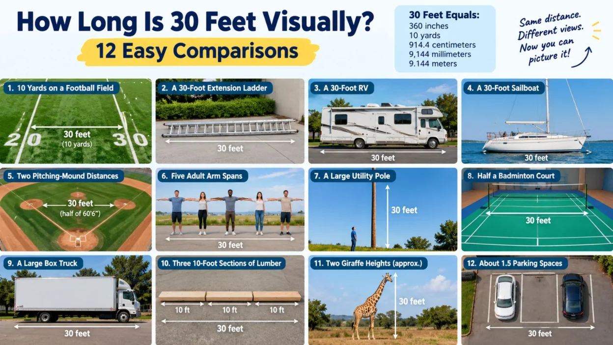 How long is 30 feet visually shown with everyday objects and easy length comparisons