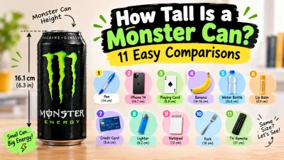 Monster can height comparison showing 11 everyday objects and easy size comparisons in a colorful infographic.