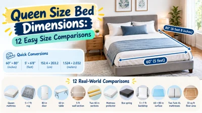 Queen size bed dimensions showing a 60 by 80 inch mattress with easy size comparisons and conversions