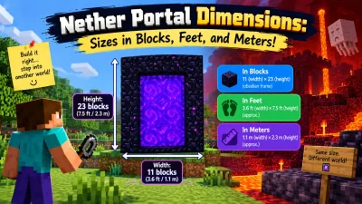 Minecraft Nether portal dimensions infographic showing portal size in blocks, feet, and meters