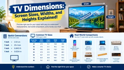TV dimensions infographic showing screen sizes, width, height, inches, feet, and centimeters.