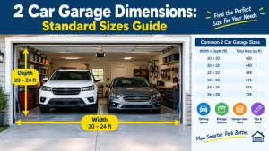 2 car garage dimensions guide showing standard garage width, depth, height, and space for two vehicles.