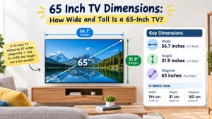 65 inch TV dimensions showing width, height, diagonal size, and metric measurements