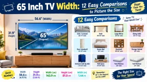 65 inch TV width shown as 56.6 inches with 12 easy real-world size comparisons