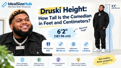 Druski height infographic showing his reported height of 6 feet 2 inches (187.96 cm).