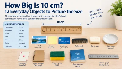 How Big Is 10 cm? Visual guide showing 12 everyday objects, ruler measurements, and centimeter-to-inch conversions.