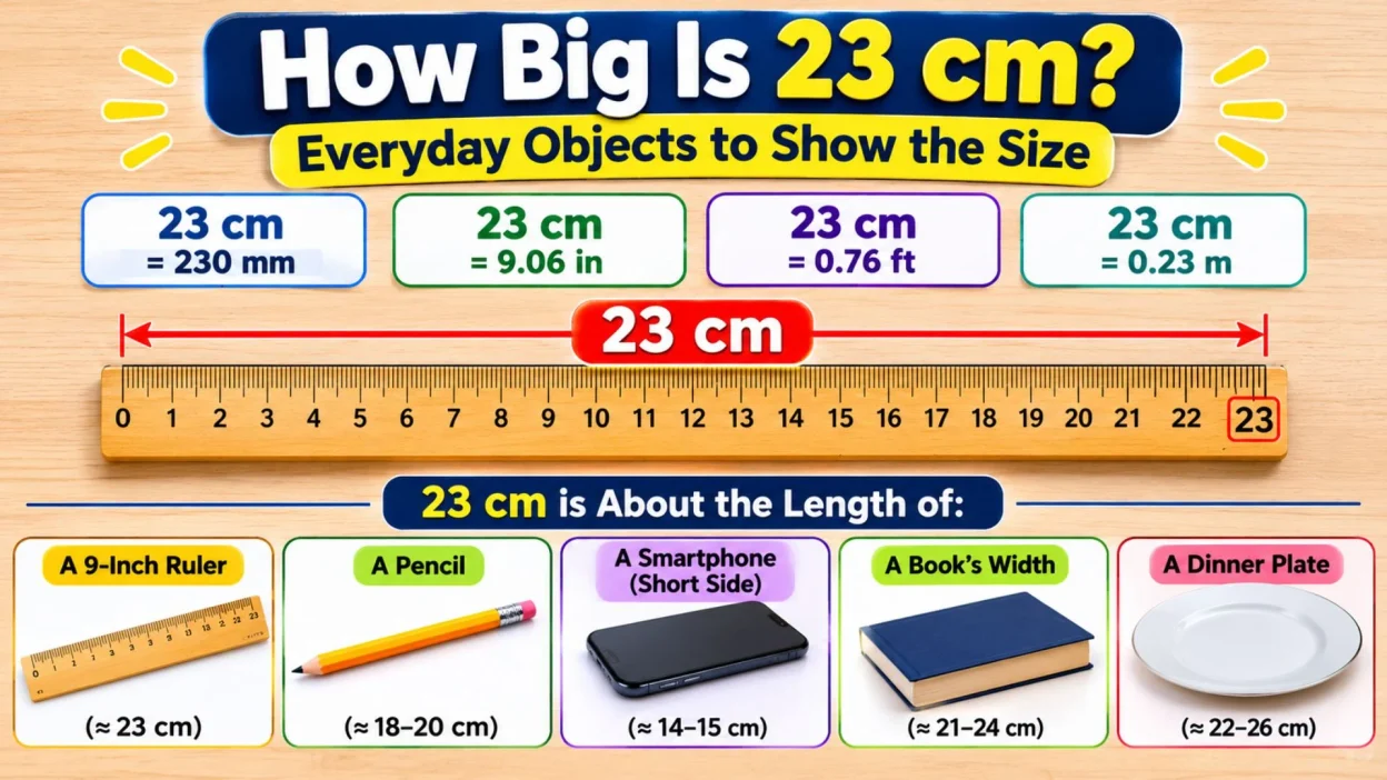 How Big Is 23 cm infographic with ruler, inch conversion, and everyday object comparisons