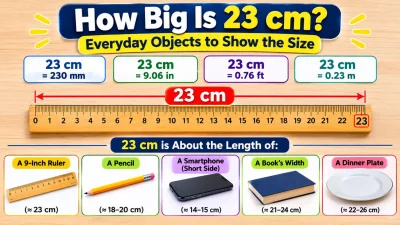 How Big Is 23 cm infographic with ruler, inch conversion, and everyday object comparisons