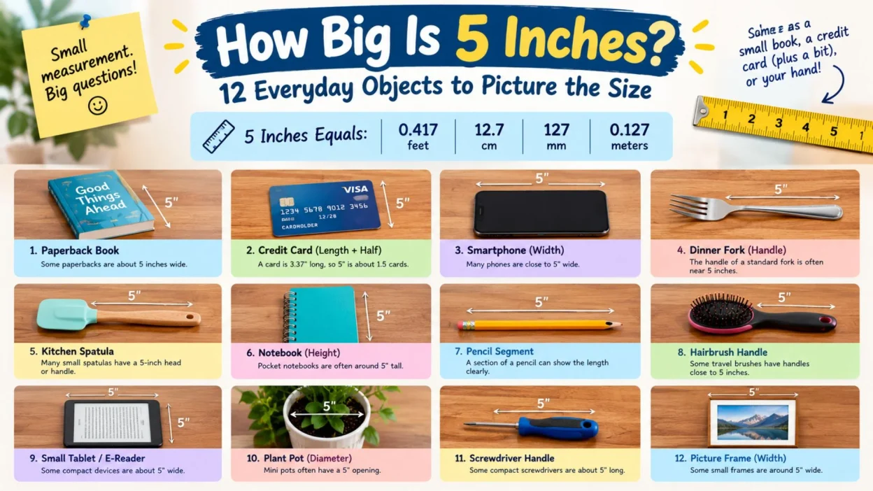 How big is 5 inches? Everyday object comparisons and conversions to feet, centimeters, and millimeters.
