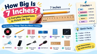 How big is 7 inches infographic with everyday size comparisons, conversions, ruler, pencil, cards, and tablet.