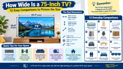 How wide is a 75-inch TV? Dimensions, measurements, and 12 easy size comparisons.