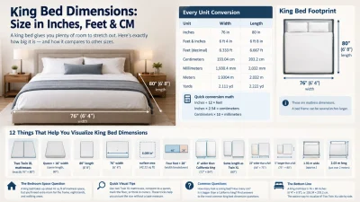 King bed dimensions showing 76 x 80 inches, with size conversions in feet, centimeters, millimeters, and meters.