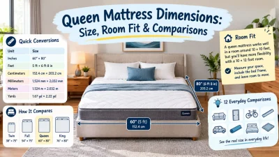 Queen mattress dimensions infographic showing 60 × 80 inches, feet and cm conversions, bed size comparisons, and room fit tips.