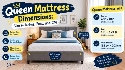 Queen mattress dimensions showing size in inches, feet, and centimeters with a bedroom size guide.