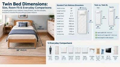 Twin bed dimensions infographic showing standard mattress size, twin XL comparison, and everyday size references.