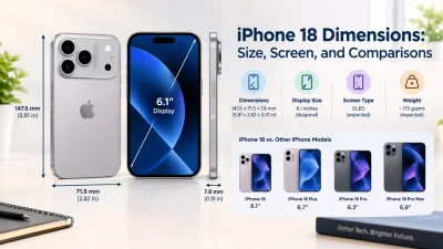 iPhone 18 dimensions infographic showing phone size, screen measurements, and model comparisons